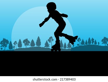 Kid roller skating in park vector background concept