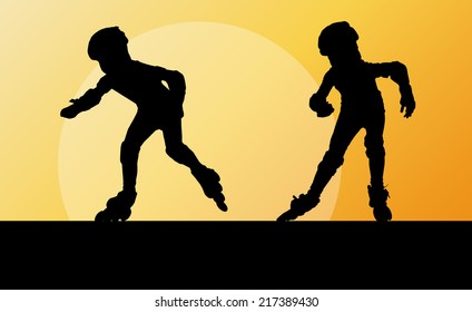 Kid roller skating in park vector background concept