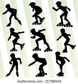 Kid roller skating vector background concept set