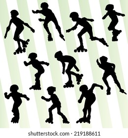 Kid roller skating vector background concept set