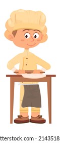Kid rolling dough. Boy chef preparing pastry