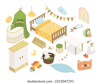 Kid room interior design - modern vector colorful isometric illustrations set. Cozy bed, rainbow, soft toys, pencil drawing table and chair, cube pyramid, locker. Happy childhood and furniture idea