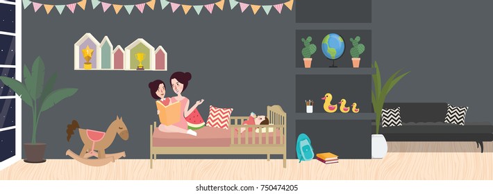 kid room interior vector illustration in dark color grey with mom and her child