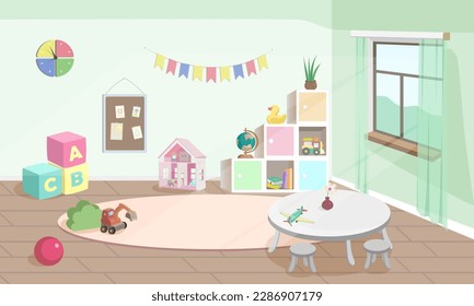 Ilustración vectorial de habitación infantil o jardín de infancia. Fondo vacío con mesa, juguetes secundarios y cajas. Habitación moderna con muebles, luz del sol desde la ventana.