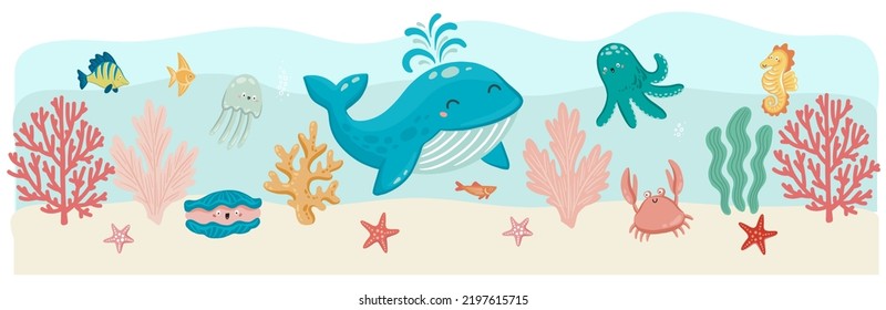 Kid room mural with underwater scene with animals and corals. Hand drawn vector illustrations