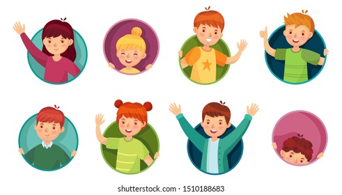 Kid In Round Frame. Children Look Out Of Circle Hole, Kids In Window Holes And Child Peeking Out Of Windows. Facehole Kid Avatar, Face Hide Character. Cartoon Isolated Vector Illustration Icons Set