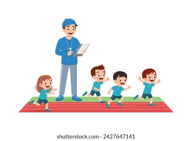 kid run race and teacher stand holding note