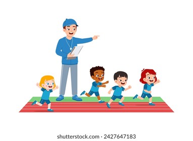 kid run race and teacher stand holding note