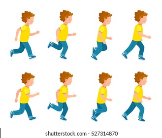 Kid running animation set. Boy in motion. Collection of running boy icons. Animation sprite asset. Sport. Run. Blue trousers, yellow t-shirt. Variety of sport movements. Flat cartoon style. Vector