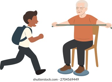Un niño con una mochila está huyendo de un anciano que está sentado en una silla con un palo.