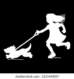 Kid Running Child Girl Dog Pet Playing Puppy Exercise Happy Play Young Leash Fun Pets Vector