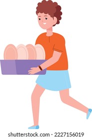 Kid running with clean dishes box. Kid helping parents isolated on white background