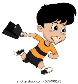 kid running hurry because he late to go to school.vector and illustration.