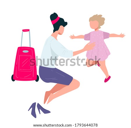 Kid running to mom returned home from long business trip or journey. Child hugging mother, woman sitting by luggage missing kid. Mum and daughter reunite, meeting of relatives, vector in flat style