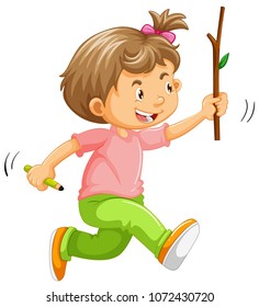 A Kid Running with Stick on Hand illustration