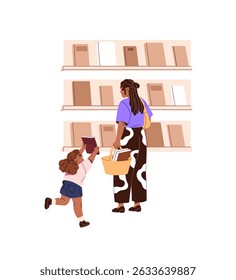 O garoto corre, carrega para mostrar um livro para a mãe, pede para comprar. Pai segura carrinho, escolhe romances em prateleiras de livraria. A família está fazendo compras na livraria. Ilustração de vetor isolado plano em branco