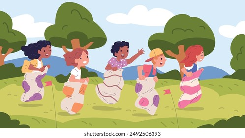 Kid sack race. Children competition jump in sacks, summer outdoor fun game happy young jumping boys and girls play outside indonesian independence day, classy vector illustration authors graphics