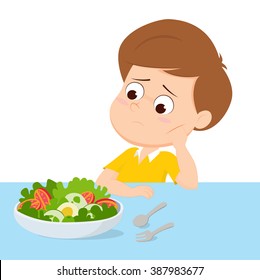 kid sad with his breakfast.vector and illustration