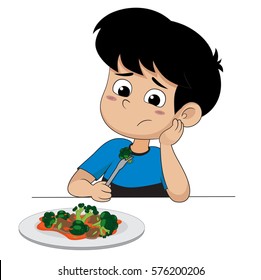 kid sad with his broccoli.vector and illustration