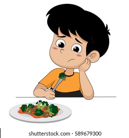 kid sad with his broccoli.vector and illustration