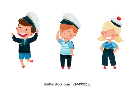 Kid sailors set. Happy adorable little boys and girl in sailor costumes cartoon vector illustration