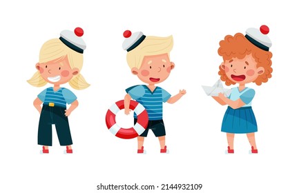 Kid sailors set. Little boys and girl in sailor costumes cartoon vector illustration
