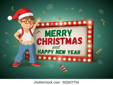 Kid with santa hat and Christmas and new year message light signboard. Vector illustration.