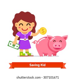 Kid saving money in a big piggy bank. Children finances and savings concept. Flat style cartoon vector illustration isolated on white background.
