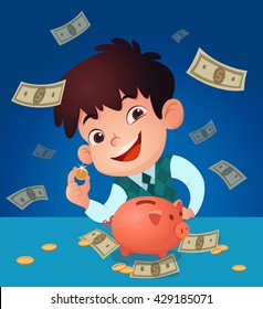 Kind, das Geld spart. Vektorgrafik und Illustration.