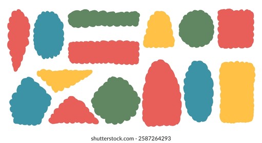 Kid scallop shape set. Childish text boxes frames pack. Oval, circle and rectangle figures. Vector hand drawn Quotation stickers shapes. Flat geometric figures blanks collection illustration isolated.