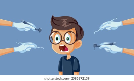 
Kid Scared of the Dentist Screaming Loud Vector Cartoon Character. Screaming little boy having a panic attack during dental appointment