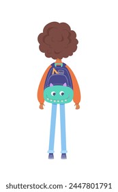 Kid with school backpack back view vector illustration. Boy or girl going to kindergarten with bag pack. Cartoon smart student character isolated on white background. Back to school education concept
