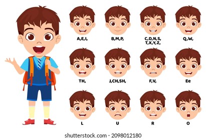 Kid school boy character standing bag and with mouth animation pack with lip syncing set for animation and sound pronunciation isolated