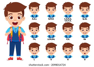 Kid school boy character standing bag and with mouth animation pack with lip syncing set for animation and sound pronunciation