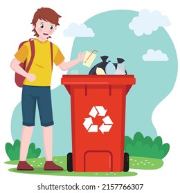 Kid school boy put trash garbage into recycle bin trash can green earth