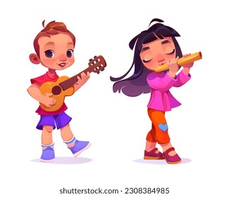 Kid school music orchestra band play instrument cartoon vector illustration. Children talent activity with guitar and flute clipart set isolated on white background. Boy and girl playing performance