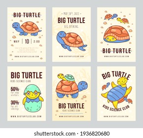 Kid science club brochure designs with big turtles. Bright promotion for study center with cute characters. Marine wildlife and animals concept. Promotional template for advertising leaflet or flyer