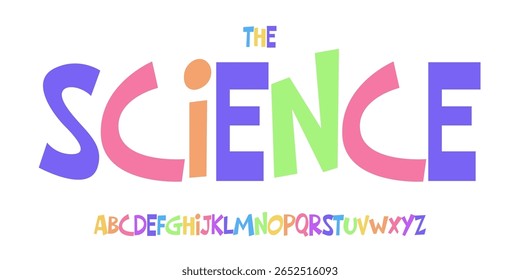 Fonte educacional Kid Science, alfabeto colorido CTEM para manchete científica, jogo científico engraçado e aulas livro de design tipográfico. Tipo de vetor moderno
