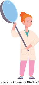 Kid scientist with giant magnifying glass. Girl research isolated on white background