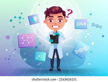 Kid scientist vector character design. Boy character in lab coat holding checklist with science knowledge icons for laboratory experiment design collection. Vector illustration.
