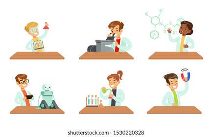 Kid Scientists Set, Boys and Girls Doing Experiments in the Laboratory Vector Illustration