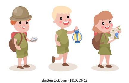 Kid Scouts with Backpacks Holding Map and Compass Camping Vector Illustration Set