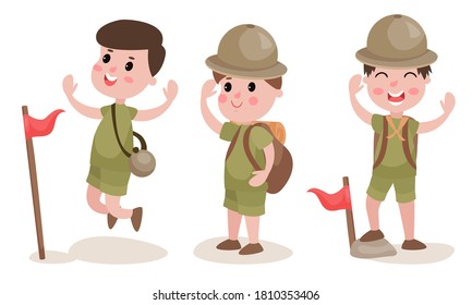 Kid Scouts with Backpacks Putting Flag and Waving Hand Vector Illustration Set