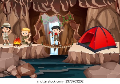 Kid scouts exploring cave illustration