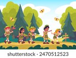 Kid scouts hiking. Child scouting, kids walk hike on forest trail boy watching compass girl scout outdoor camp scene school nature adventure cartoon cute classy vector illustration of adventure hiking