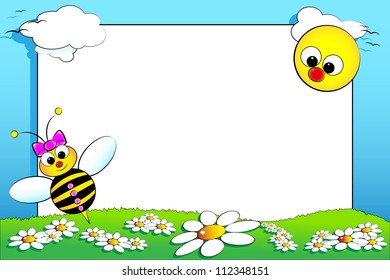 Kid scrapbook with baby bee and white daisies in a field with sun - Photo or message frame for children