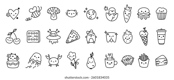 Kid scribble character icon. Cute children doodle elements, playful childish sketch heart food animals plants. Vector cute scribbles line set.