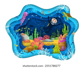 Kid scuba diver at underwater landscape on paper cut banner, cartoon vector background. Kid scuba diver in undersea ocean or sea with coral reef animals and fishes, turtle and jellyfish and starfish