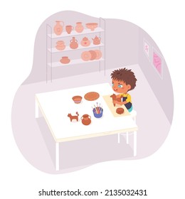 Kid sculpting and creating pottery on potters wheel in ceramics class vector illustration. Cartoon little cute boy sitting at table to work with clay. Handcraft, creative hobby concept