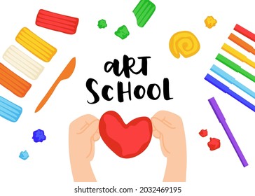 Kid sculpts sun, rainbow and cloud with plasticine, modelling clay tools, board and knife, art process, top view. Hand drawn illustration of art school in modern cartoon flat style